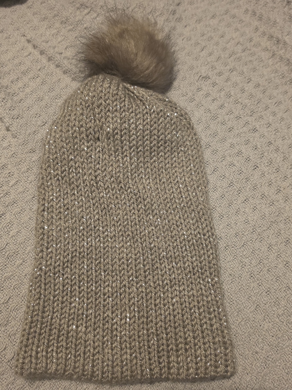 Sparkle Knit Pom Pom Beanie in Taupe